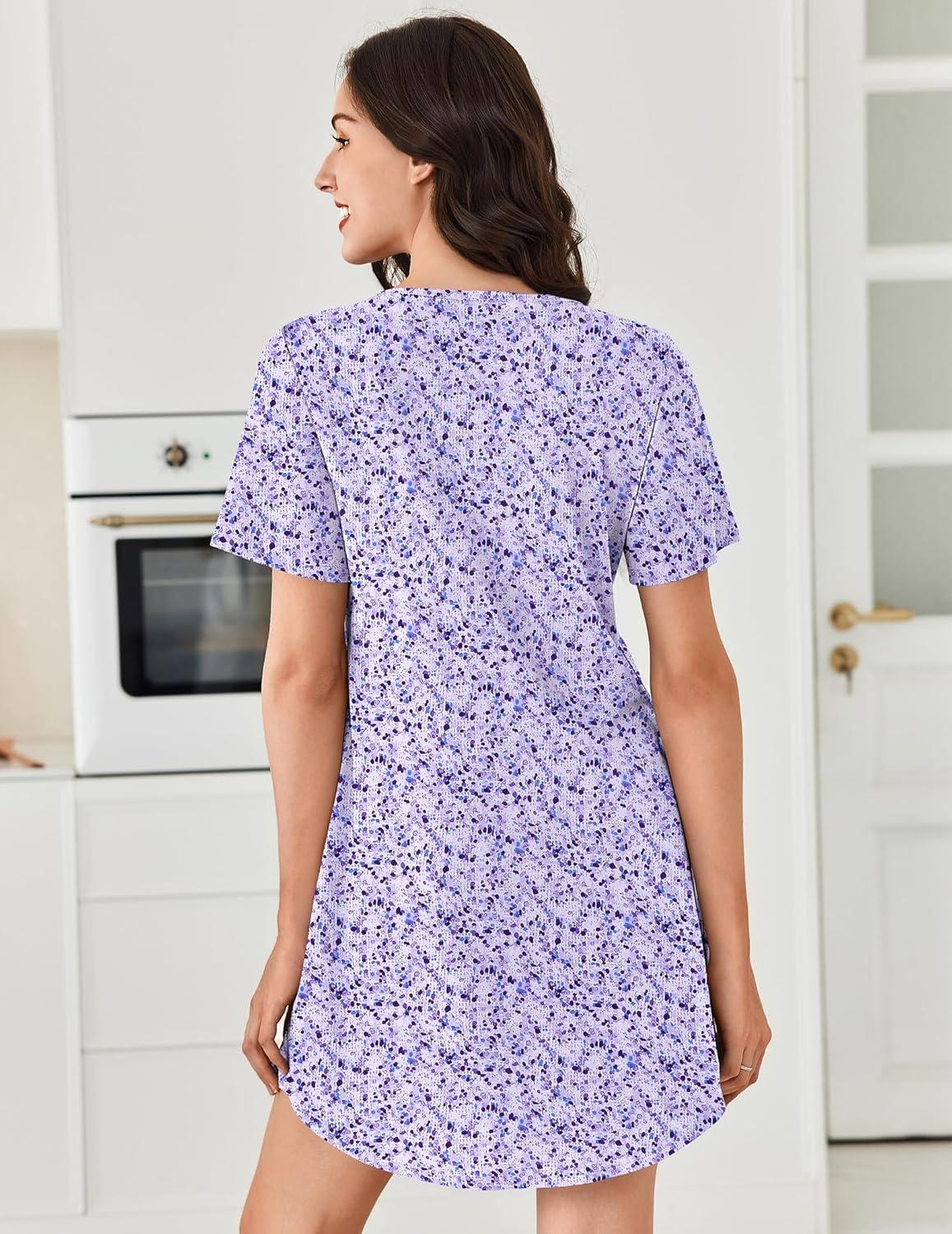 imageEkouaer Nightgowns for Women Cotton Night Gowns Pleated Nightshirts Henley V Neck Sleepshirts Short Sleeve SleepwearPurple Blue Dots