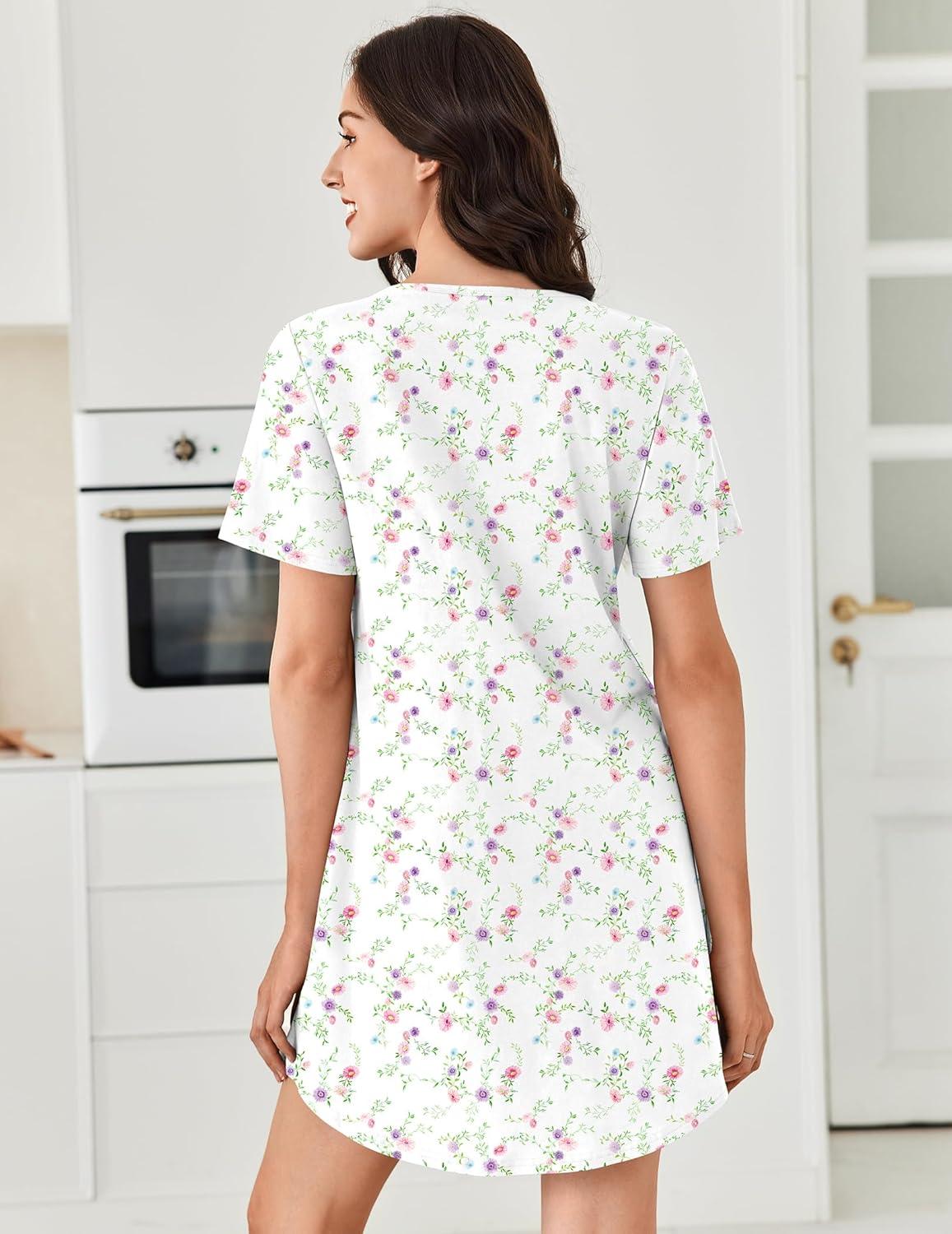 imageEkouaer Nightgowns for Women Cotton Night Gowns Pleated Nightshirts Henley V Neck Sleepshirts Short Sleeve SleepwearWhite Pink Lilac Florals