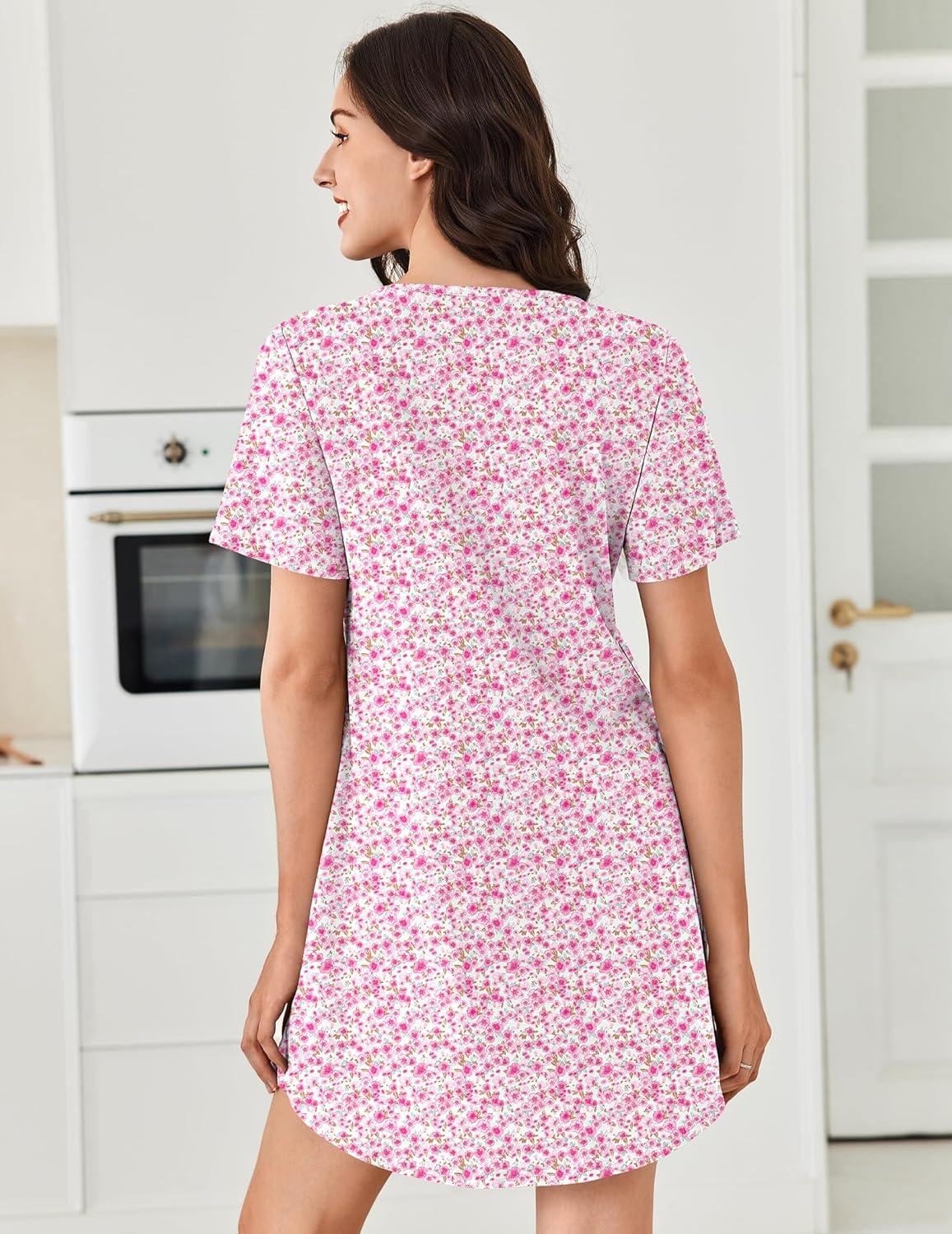 imageEkouaer Nightgowns for Women Cotton Night Gowns Pleated Nightshirts Henley V Neck Sleepshirts Short Sleeve SleepwearWhite Pink Florals