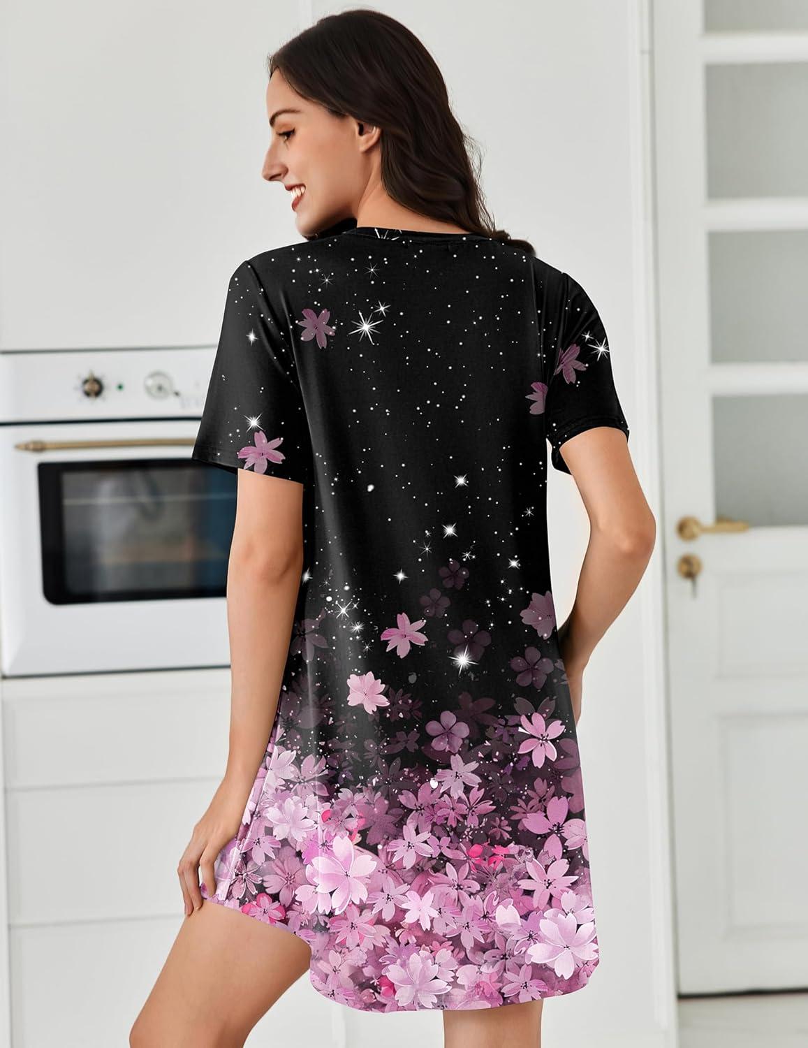imageEkouaer Nightgowns for Women Pleated Nightshirts Short Sleeve Sleepshirts Crew Neck Sleepwear Soft Night Gown SleepdressBlack Pink Sakura