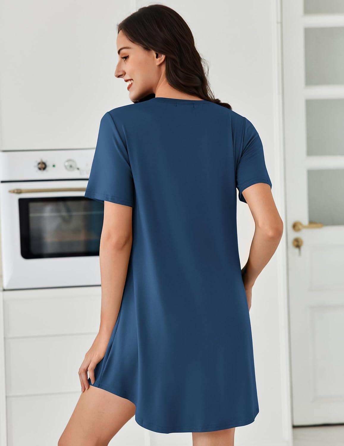 imageEkouaer Nightgowns for Women Pleated Nightshirts Short Sleeve Sleepshirts Crew Neck Sleepwear Soft Night Gown SleepdressDark Blue