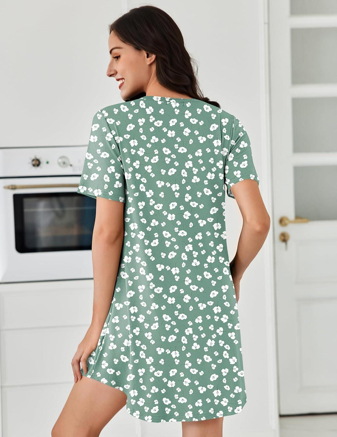 imageEkouaer Nightgowns for Women Pleated Nightshirts Short Sleeve Sleepshirts Crew Neck Sleepwear Soft Night Gown SleepdressGreen White Florals