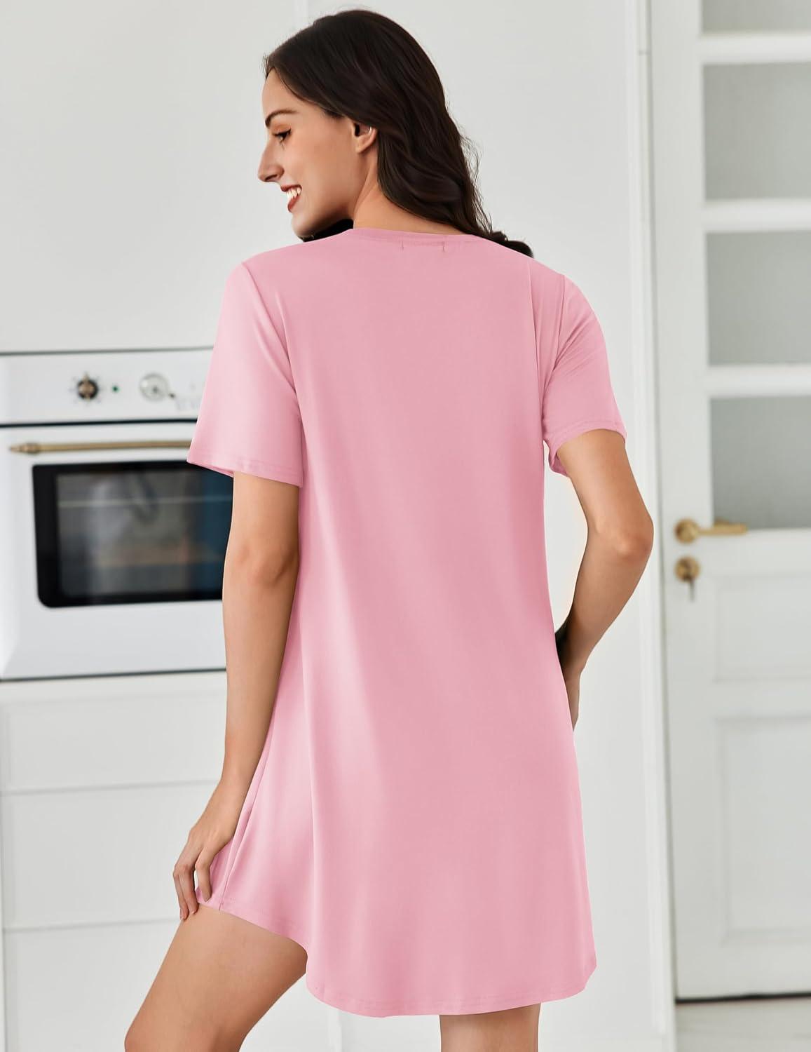 imageEkouaer Nightgowns for Women Pleated Nightshirts Short Sleeve Sleepshirts Crew Neck Sleepwear Soft Night Gown SleepdressPink