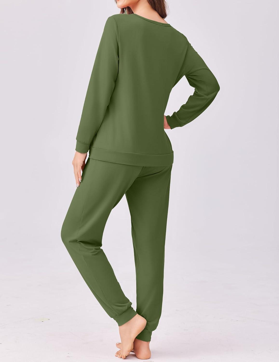 imageEkouaer Pajama Sets for Women 2 Piece Plaid Pjs Long Sleeve Lounge Sets Comfy Gingham Nightwear with PocketsArmy Green