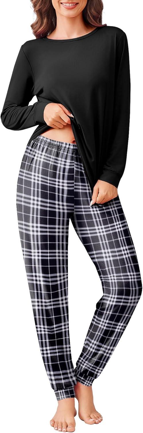 imageEkouaer Pajama Sets for Women 2 Piece Plaid Pjs Long Sleeve Lounge Sets Comfy Gingham Nightwear with PocketsBlack and White Plaid