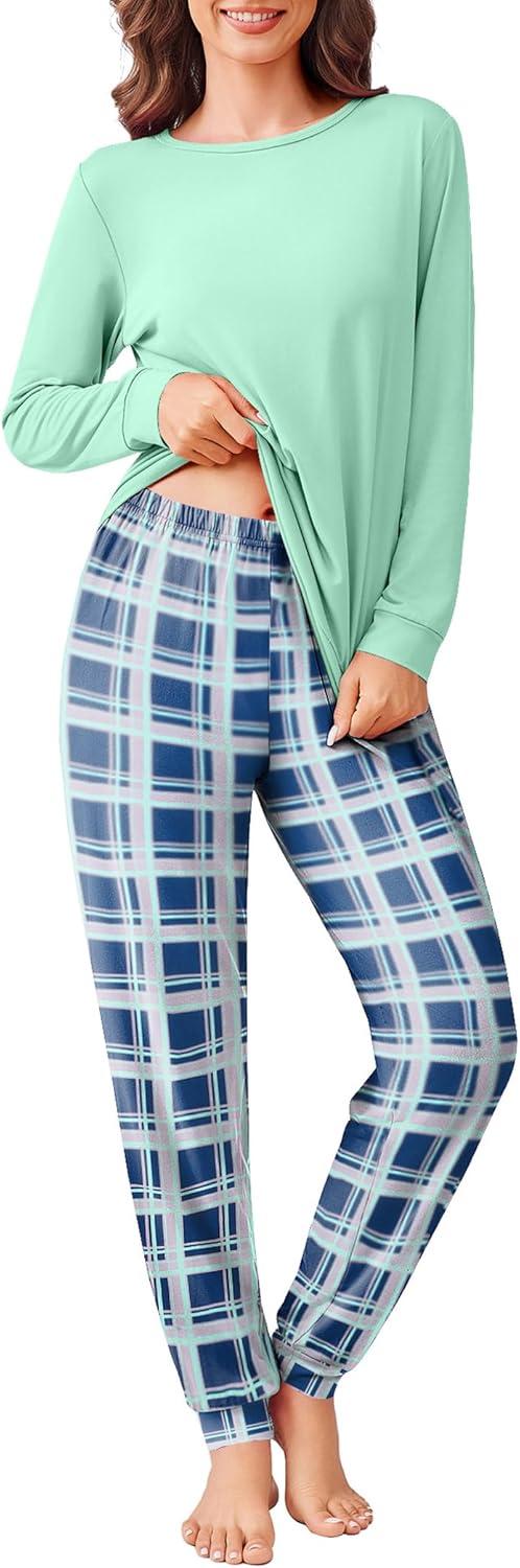 imageEkouaer Pajama Sets for Women 2 Piece Plaid Pjs Long Sleeve Lounge Sets Comfy Gingham Nightwear with PocketsBlue Plaid
