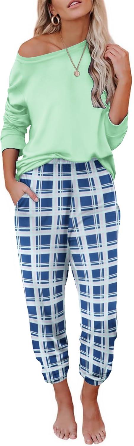 imageEkouaer Pajama Sets for Women 2 Piece Plaid Pjs Long Sleeve Lounge Sets Comfy Gingham Nightwear with PocketsBlue Plaid
