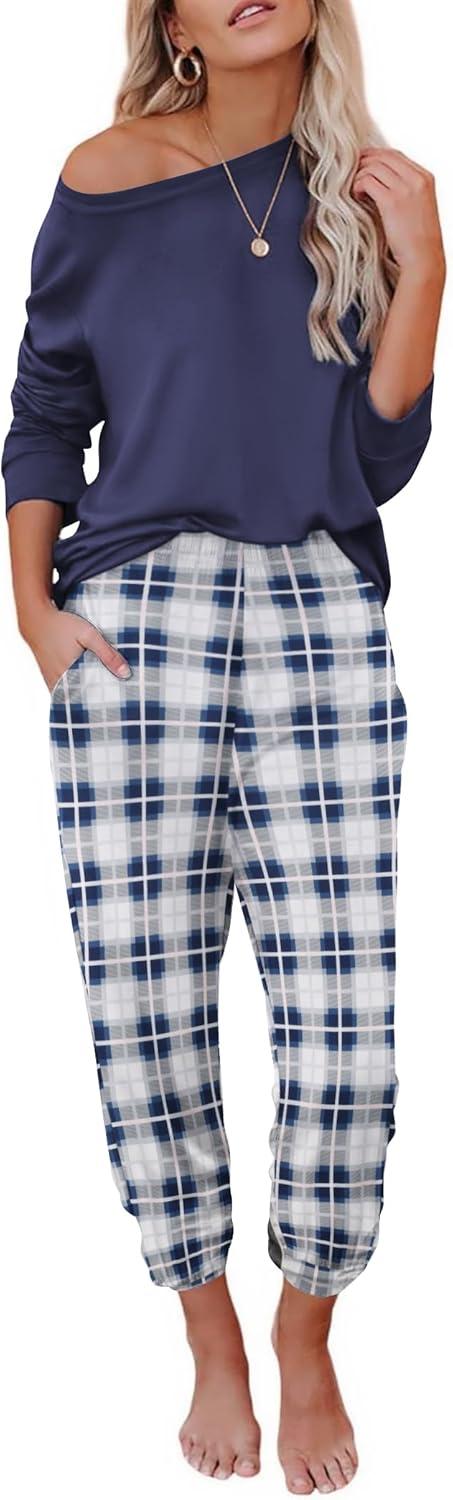 imageEkouaer Pajama Sets for Women 2 Piece Plaid Pjs Long Sleeve Lounge Sets Comfy Gingham Nightwear with PocketsDark Blue Plaid