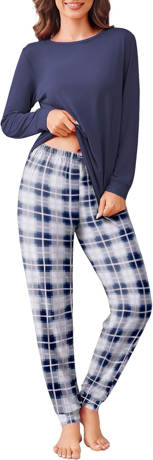imageEkouaer Pajama Sets for Women 2 Piece Plaid Pjs Long Sleeve Lounge Sets Comfy Gingham Nightwear with PocketsDark Blue Plaid