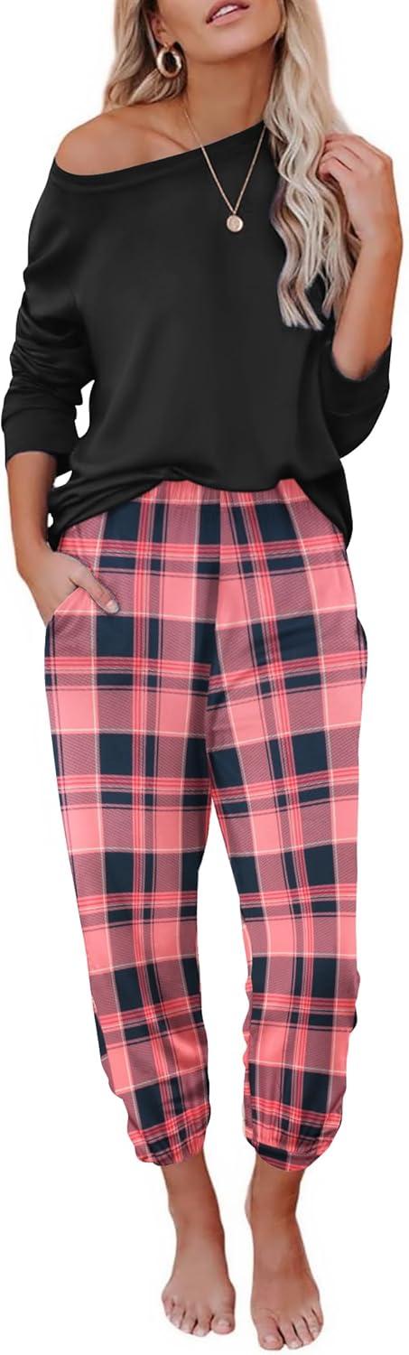 imageEkouaer Pajama Sets for Women 2 Piece Plaid Pjs Long Sleeve Lounge Sets Comfy Gingham Nightwear with PocketsDark Pink Plaid
