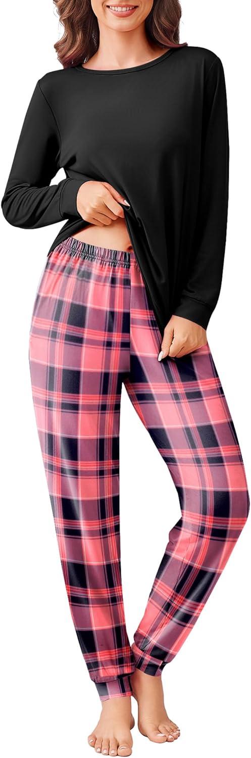 imageEkouaer Pajama Sets for Women 2 Piece Plaid Pjs Long Sleeve Lounge Sets Comfy Gingham Nightwear with PocketsDark Pink Plaid