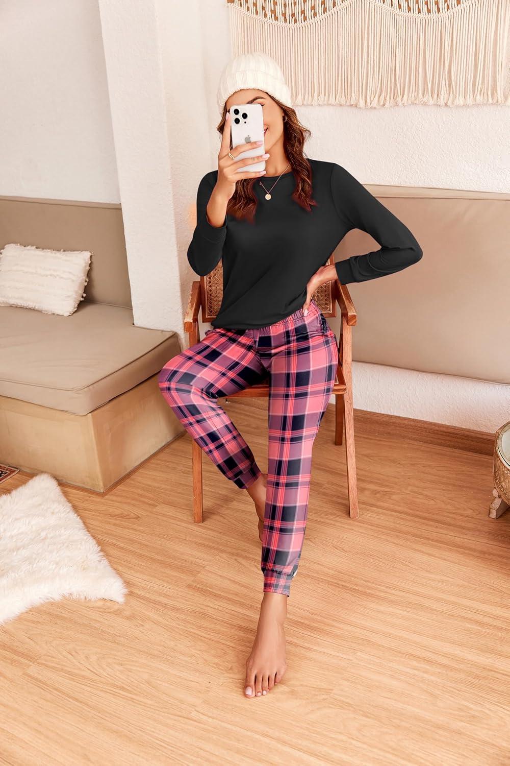 imageEkouaer Pajama Sets for Women 2 Piece Plaid Pjs Long Sleeve Lounge Sets Comfy Gingham Nightwear with PocketsDark Pink Plaid