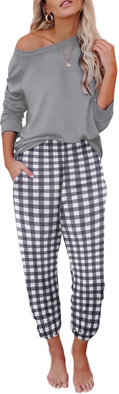 imageEkouaer Pajama Sets for Women 2 Piece Plaid Pjs Long Sleeve Lounge Sets Comfy Gingham Nightwear with PocketsGrey and White Plaid