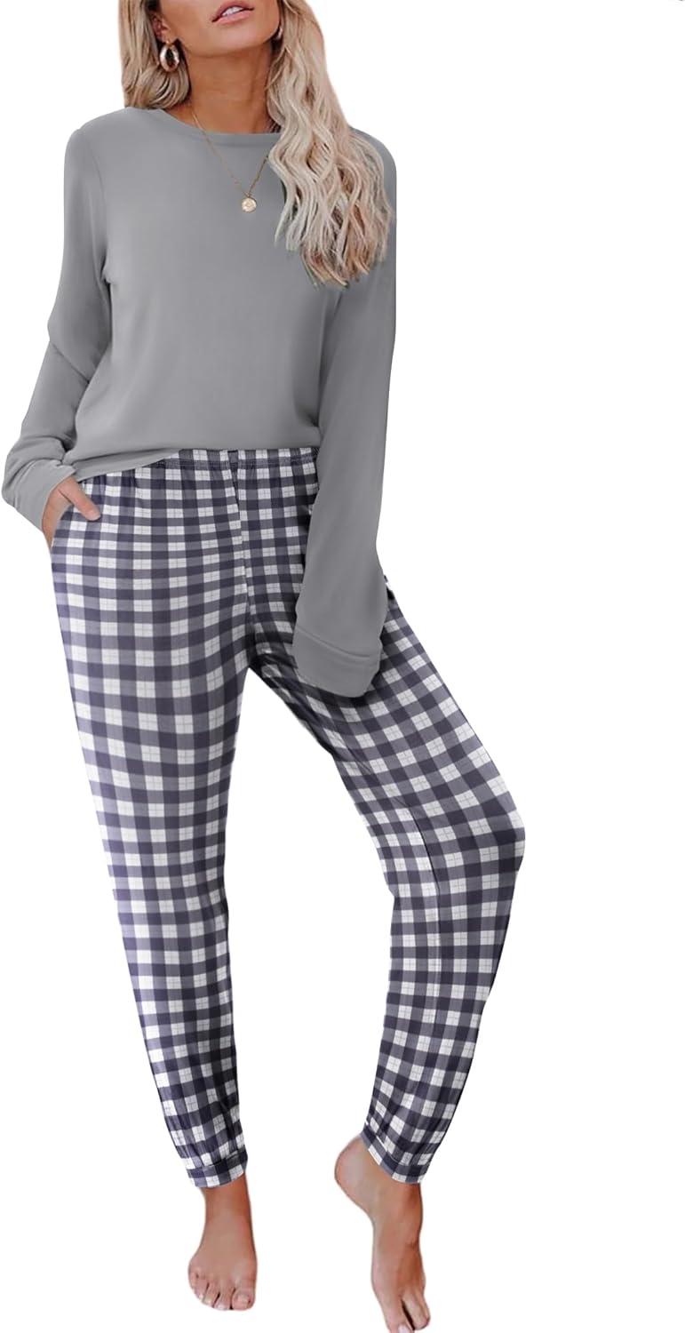 imageEkouaer Pajama Sets for Women 2 Piece Plaid Pjs Long Sleeve Lounge Sets Comfy Gingham Nightwear with PocketsGrey and White Plaid