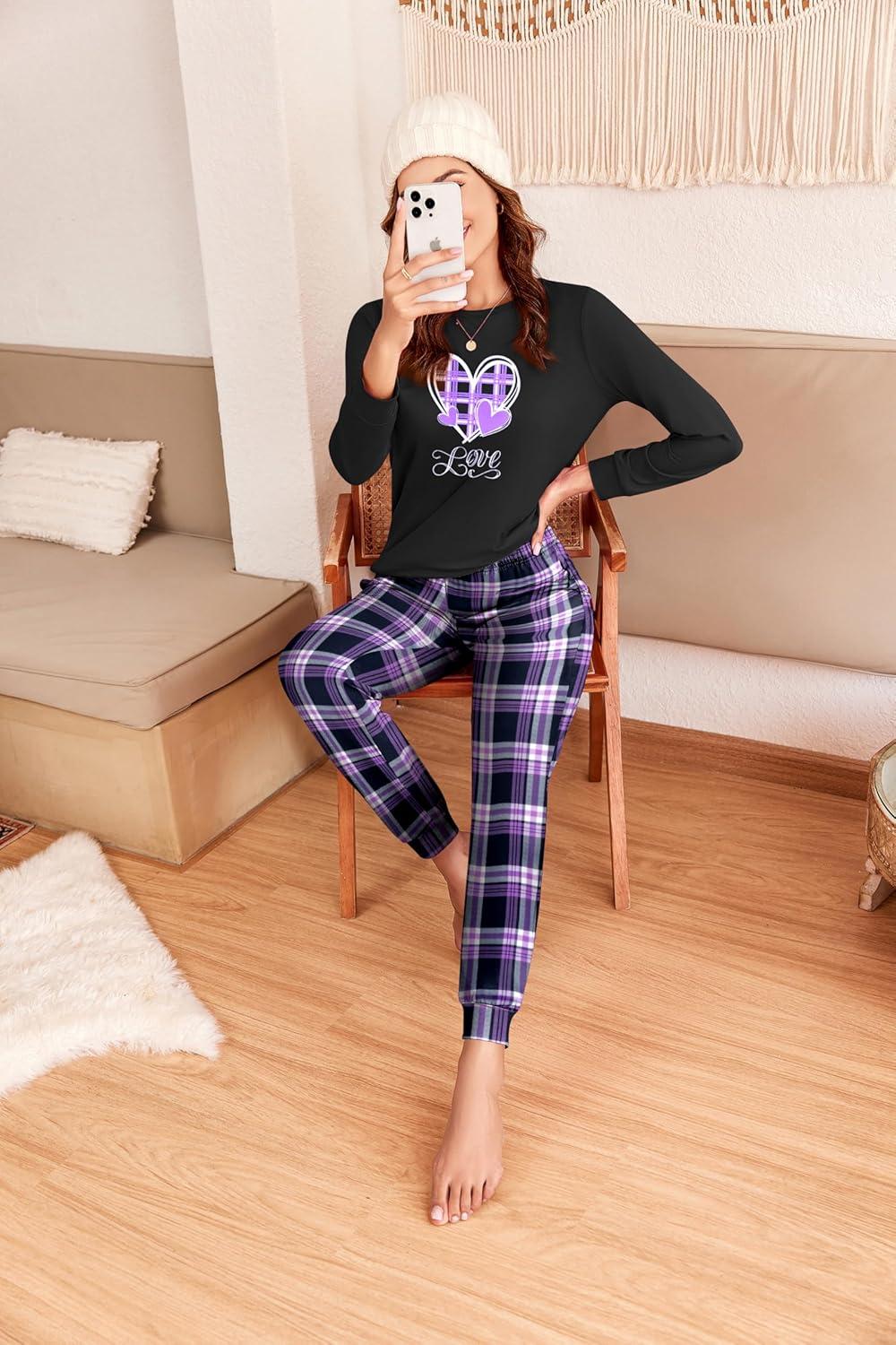 imageEkouaer Pajama Sets for Women 2 Piece Plaid Pjs Long Sleeve Lounge Sets Comfy Gingham Nightwear with PocketsHeart Plaid Purple