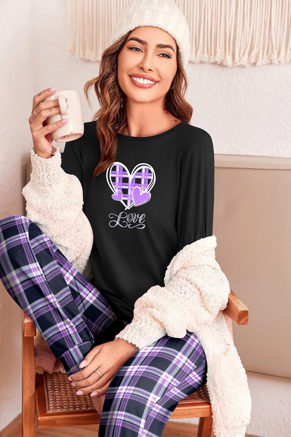 imageEkouaer Pajama Sets for Women 2 Piece Plaid Pjs Long Sleeve Lounge Sets Comfy Gingham Nightwear with PocketsHeart Plaid Purple
