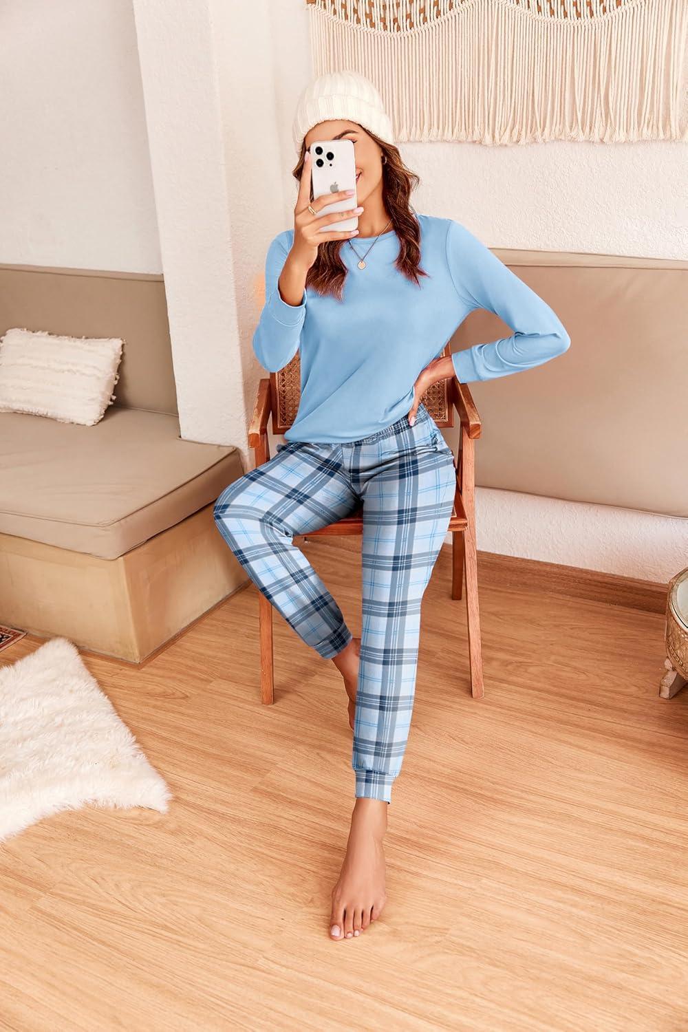 imageEkouaer Pajama Sets for Women 2 Piece Plaid Pjs Long Sleeve Lounge Sets Comfy Gingham Nightwear with PocketsLight Blue Plaid