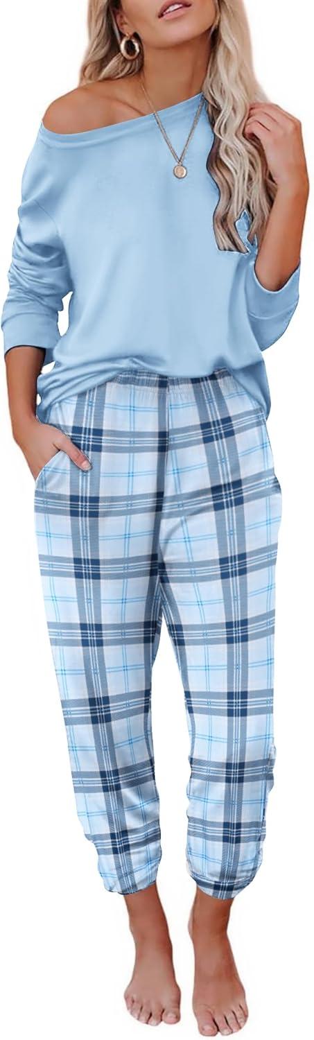 imageEkouaer Pajama Sets for Women 2 Piece Plaid Pjs Long Sleeve Lounge Sets Comfy Gingham Nightwear with PocketsLight Blue Plaid