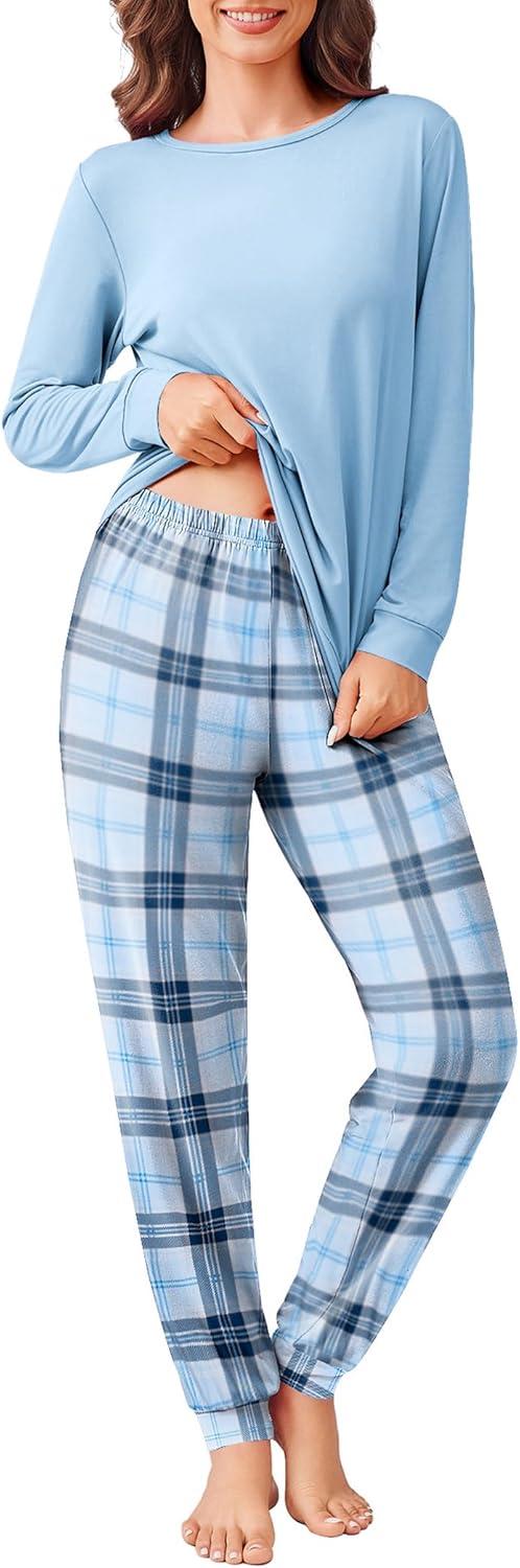 imageEkouaer Pajama Sets for Women 2 Piece Plaid Pjs Long Sleeve Lounge Sets Comfy Gingham Nightwear with PocketsLight Blue Plaid