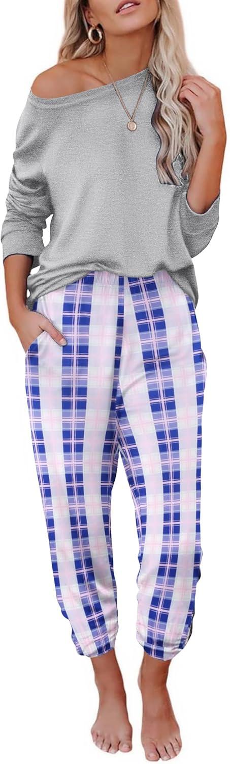 imageEkouaer Pajama Sets for Women 2 Piece Plaid Pjs Long Sleeve Lounge Sets Comfy Gingham Nightwear with PocketsLight Pink Plaid