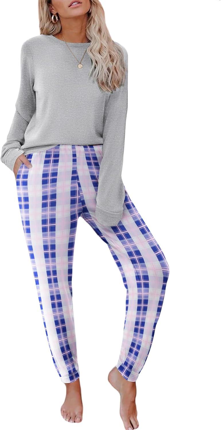 imageEkouaer Pajama Sets for Women 2 Piece Plaid Pjs Long Sleeve Lounge Sets Comfy Gingham Nightwear with PocketsLight Pink Plaid