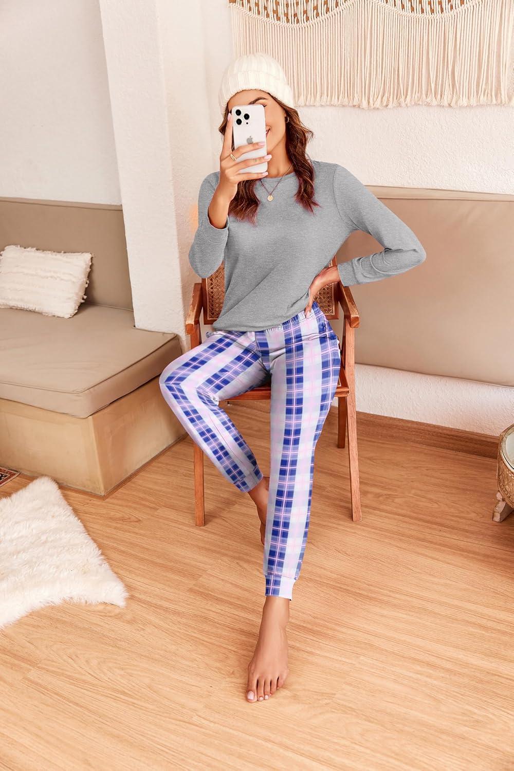 imageEkouaer Pajama Sets for Women 2 Piece Plaid Pjs Long Sleeve Lounge Sets Comfy Gingham Nightwear with PocketsLight Pink Plaid