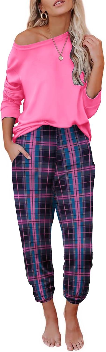imageEkouaer Pajama Sets for Women 2 Piece Plaid Pjs Long Sleeve Lounge Sets Comfy Gingham Nightwear with PocketsPink Plaid