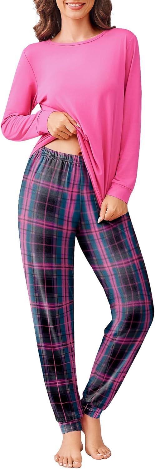 imageEkouaer Pajama Sets for Women 2 Piece Plaid Pjs Long Sleeve Lounge Sets Comfy Gingham Nightwear with PocketsPink Plaid
