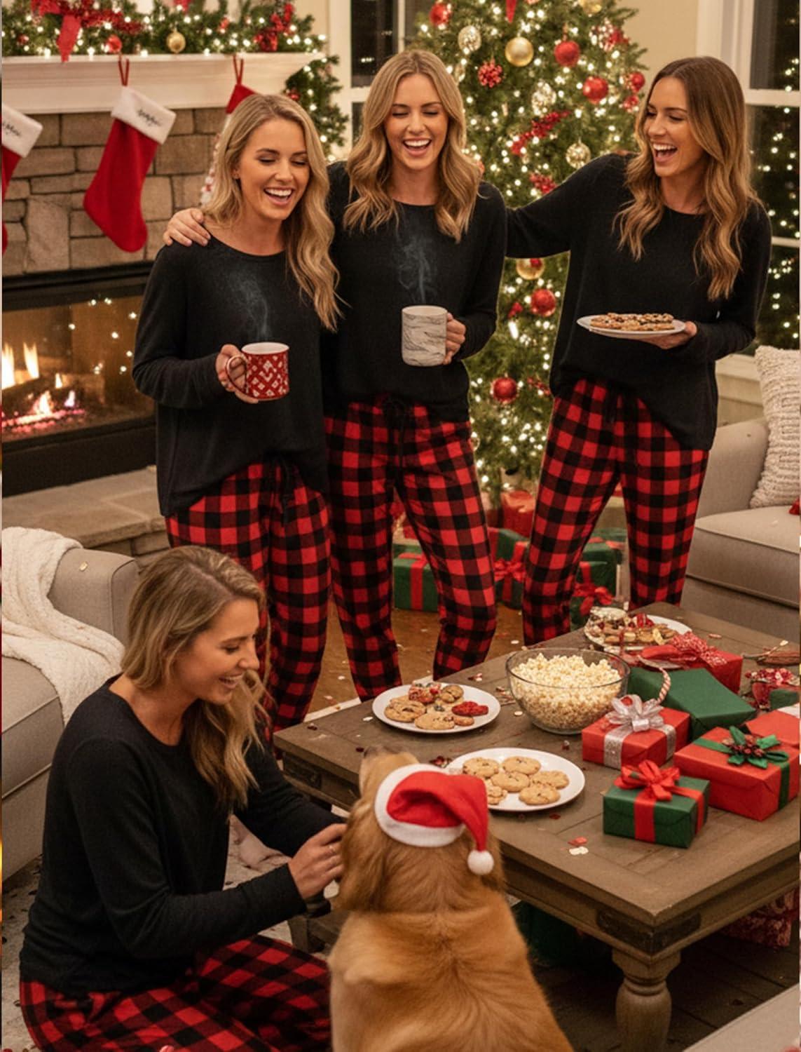 imageEkouaer Pajama Sets for Women 2 Piece Plaid Pjs Long Sleeve Lounge Sets Comfy Gingham Nightwear with PocketsRed and Black Plaid
