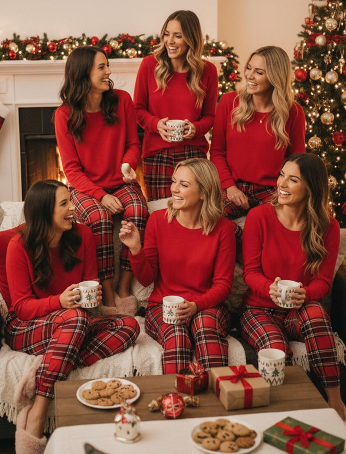 imageEkouaer Pajama Sets for Women 2 Piece Plaid Pjs Long Sleeve Lounge Sets Comfy Gingham Nightwear with PocketsRed and White Plaid