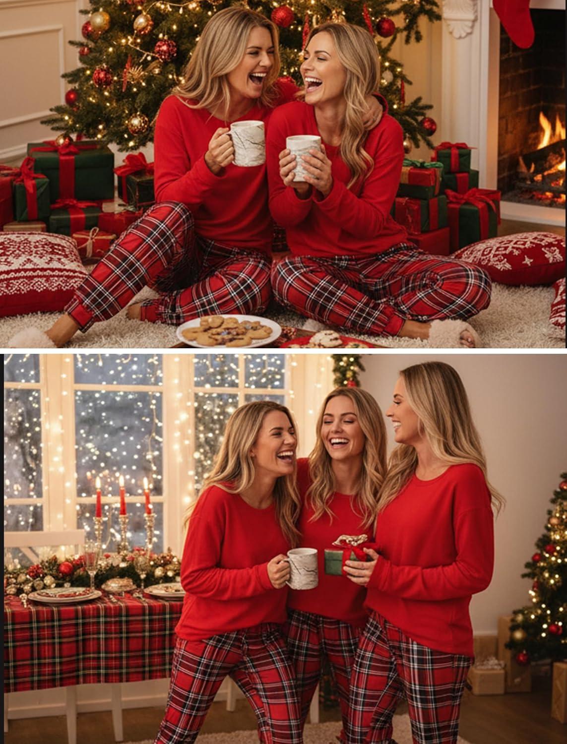 imageEkouaer Pajama Sets for Women 2 Piece Plaid Pjs Long Sleeve Lounge Sets Comfy Gingham Nightwear with PocketsRed and White Plaid