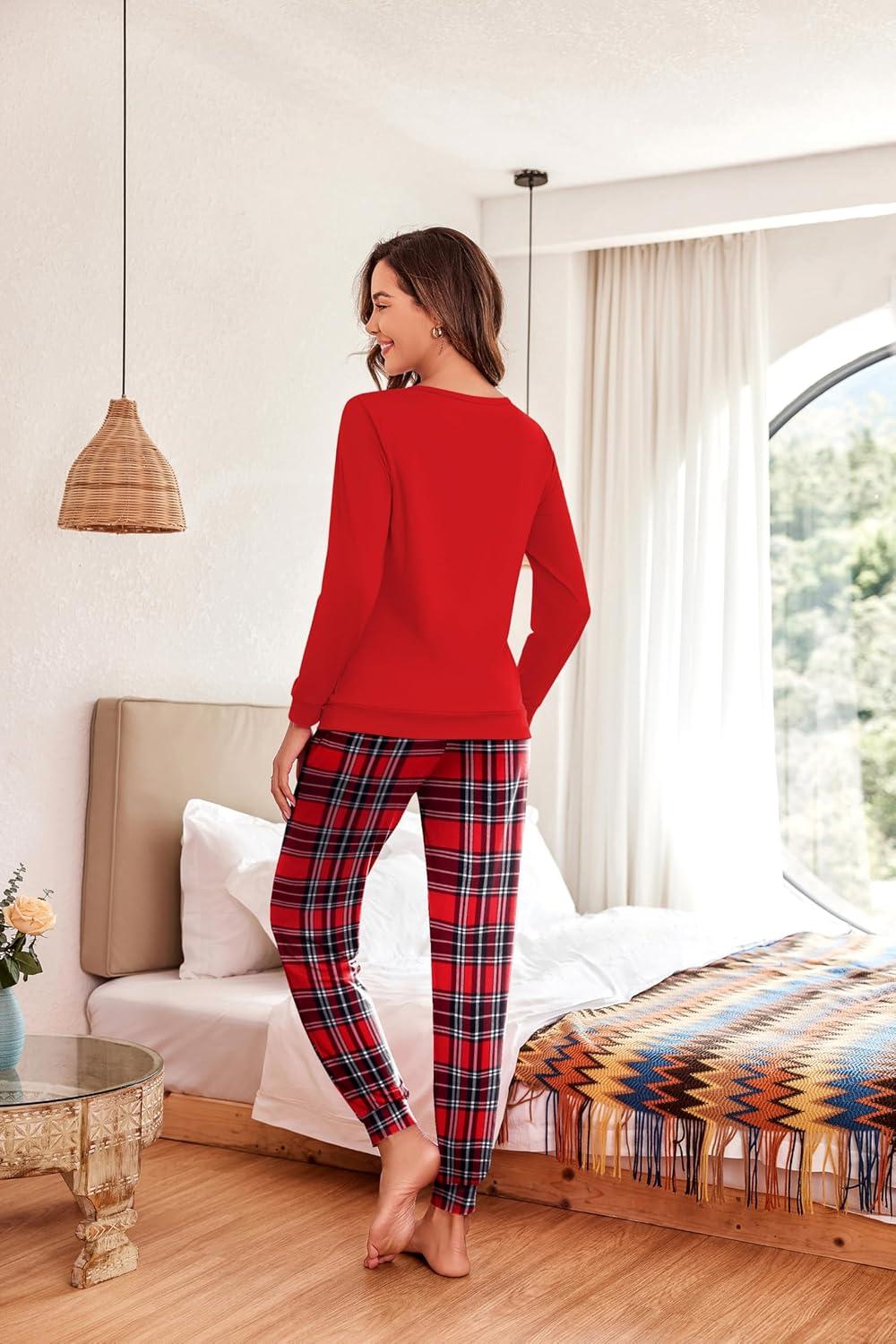 imageEkouaer Pajama Sets for Women 2 Piece Plaid Pjs Long Sleeve Lounge Sets Comfy Gingham Nightwear with PocketsRed and White Plaid