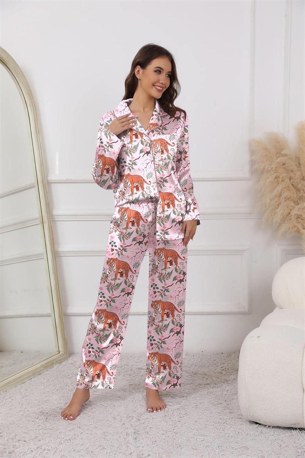 imageEkouaer Pajamas For Women Set Silk Pjs 2 Piece Satin Sleepwear Long Sleeve Button Down Lounge Sets With PantPink With Tiger