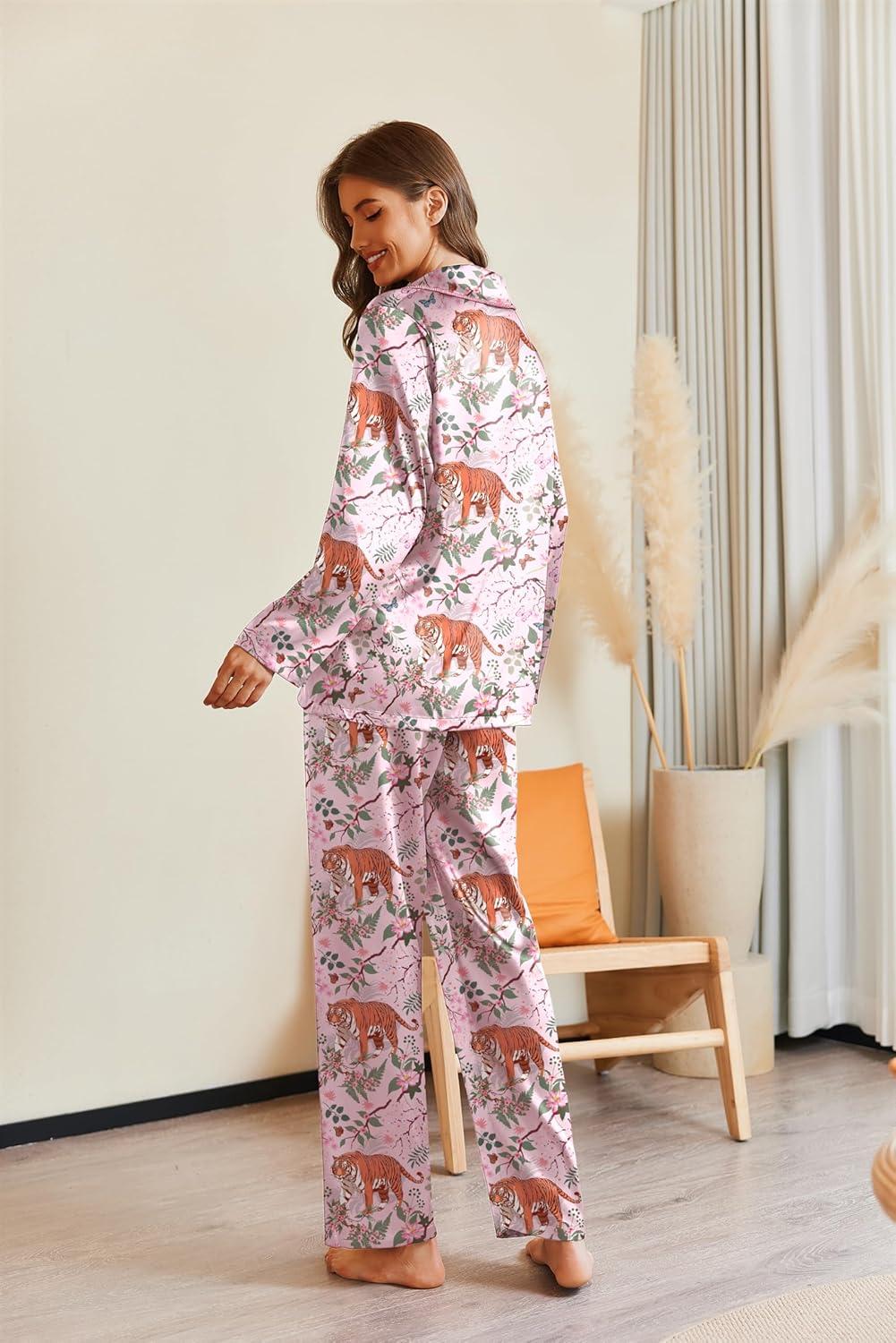 imageEkouaer Pajamas For Women Set Silk Pjs 2 Piece Satin Sleepwear Long Sleeve Button Down Lounge Sets With PantPink With Tiger