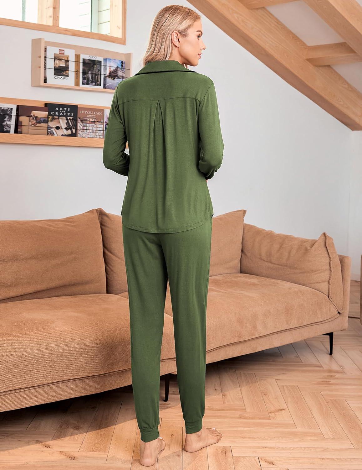 imageEkouaer Pajamas Set Long Sleeve Sleepwear Womens Button Down Nightwear Soft Pj Loungewear with PocketsArmy Green