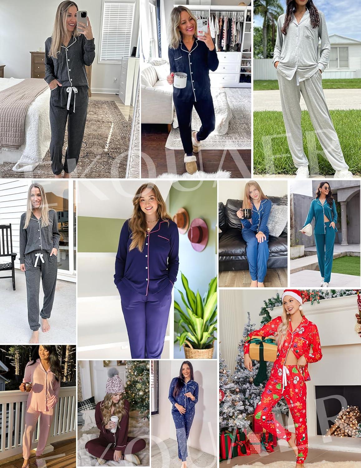 imageEkouaer Pajamas Set Long Sleeve Sleepwear Womens Button Down Nightwear Soft Pj Loungewear with PocketsArmy Green