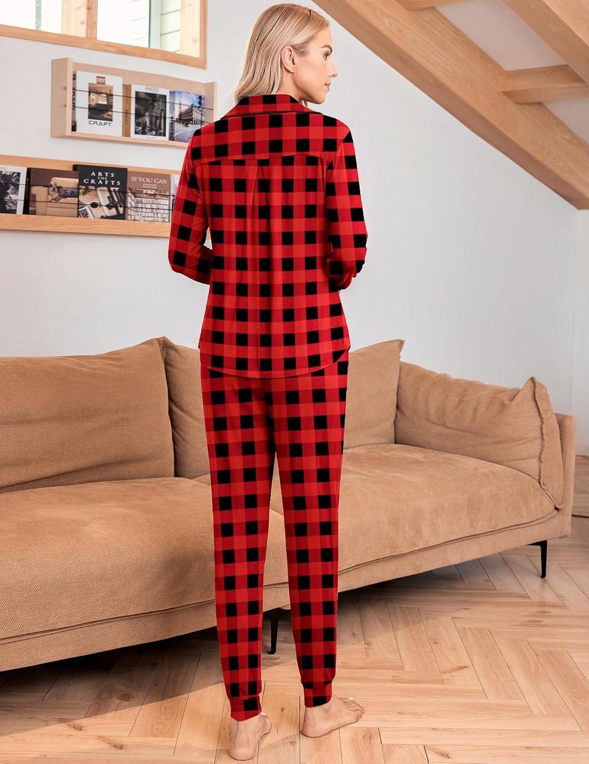imageEkouaer Pajamas Set Long Sleeve Sleepwear Womens Button Down Nightwear Soft Pj Loungewear with PocketsBlack and Red Plaid