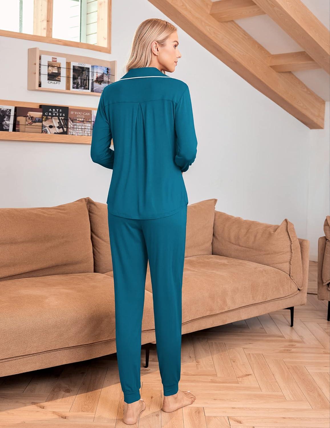 imageEkouaer Pajamas Set Long Sleeve Sleepwear Womens Button Down Nightwear Soft Pj Loungewear with PocketsBlue Green