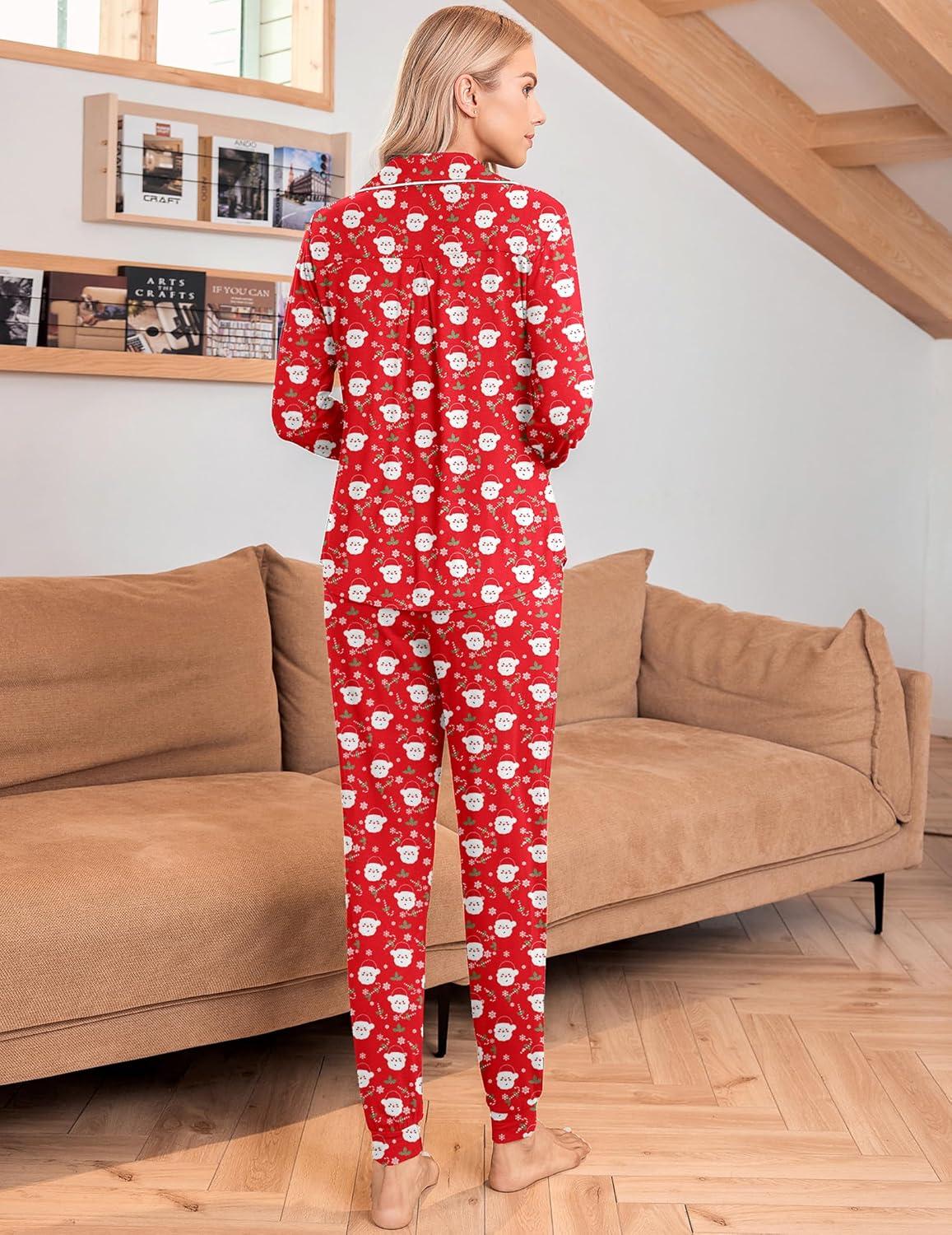 imageEkouaer Pajamas Set Long Sleeve Sleepwear Womens Button Down Nightwear Soft Pj Loungewear with PocketsChristmas Red With Santa Pattern