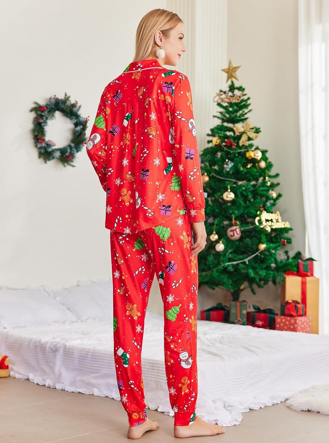 imageEkouaer Pajamas Set Long Sleeve Sleepwear Womens Button Down Nightwear Soft Pj Loungewear with PocketsChristmas Snowman