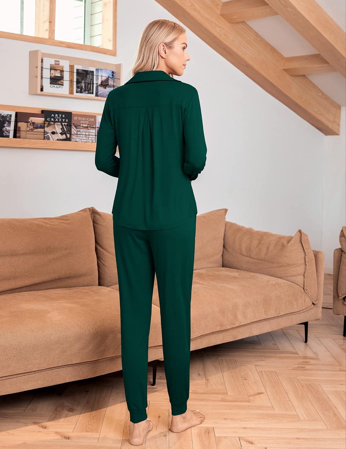 imageEkouaer Pajamas Set Long Sleeve Sleepwear Womens Button Down Nightwear Soft Pj Loungewear with PocketsDark Green