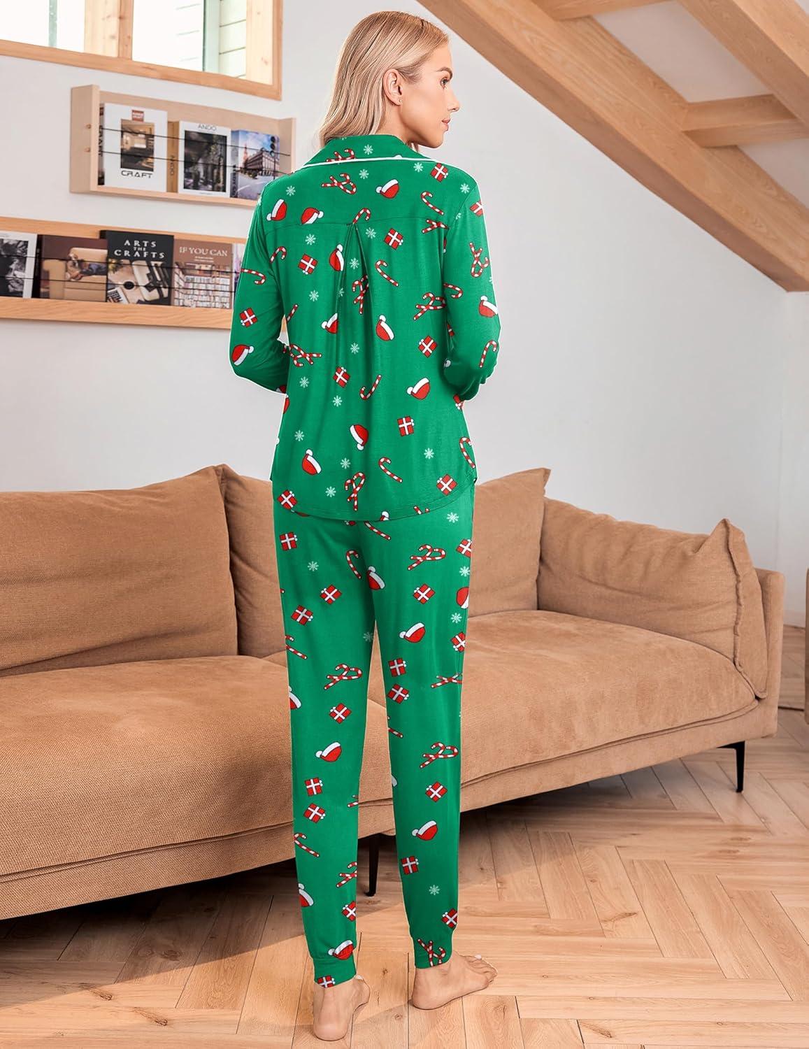 imageEkouaer Pajamas Set Long Sleeve Sleepwear Womens Button Down Nightwear Soft Pj Loungewear with PocketsGreen Christmas Print