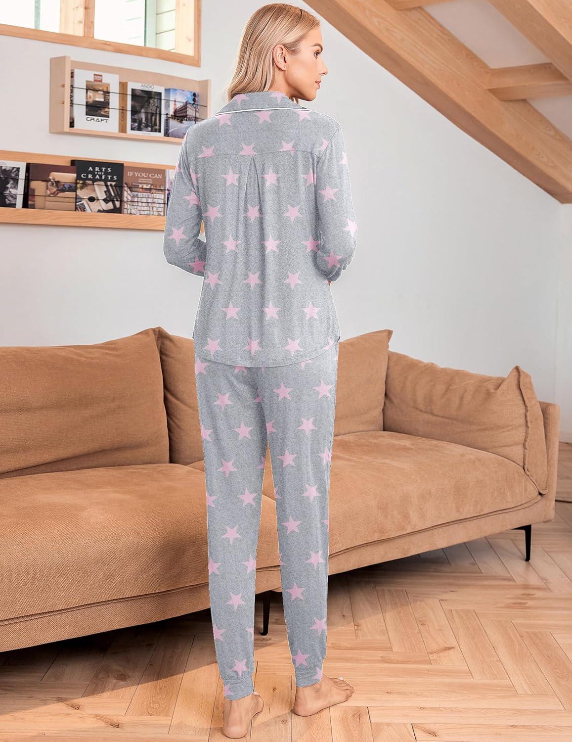 imageEkouaer Pajamas Set Long Sleeve Sleepwear Womens Button Down Nightwear Soft Pj Loungewear with PocketsLight Gray With Pink Stars