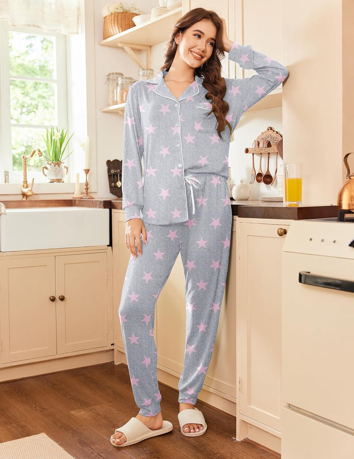 imageEkouaer Pajamas Set Long Sleeve Sleepwear Womens Button Down Nightwear Soft Pj Loungewear with PocketsLight Gray With Pink Stars