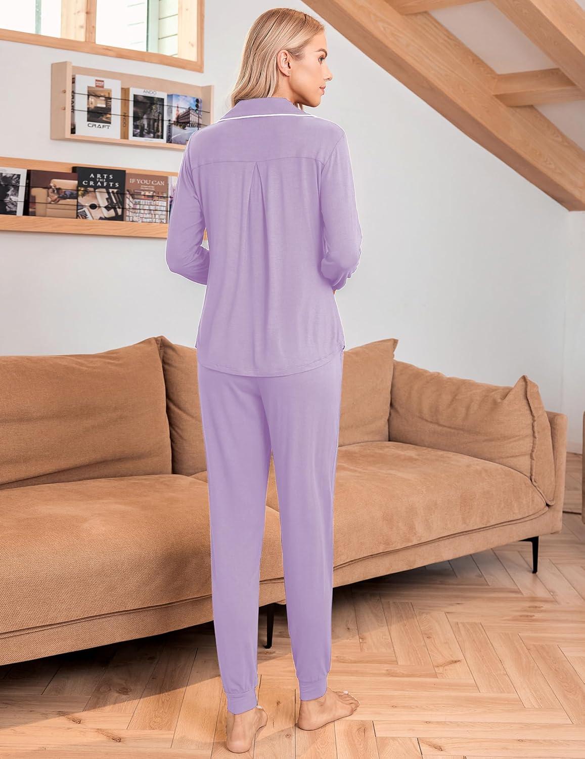 imageEkouaer Pajamas Set Long Sleeve Sleepwear Womens Button Down Nightwear Soft Pj Loungewear with PocketsLilac