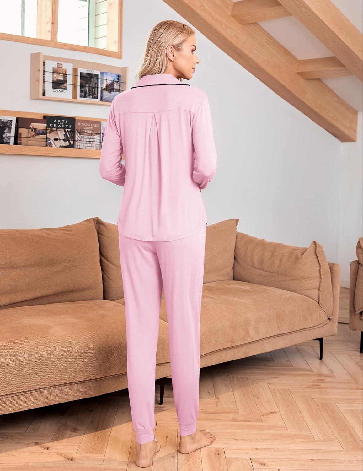 imageEkouaer Pajamas Set Long Sleeve Sleepwear Womens Button Down Nightwear Soft Pj Loungewear with PocketsPink