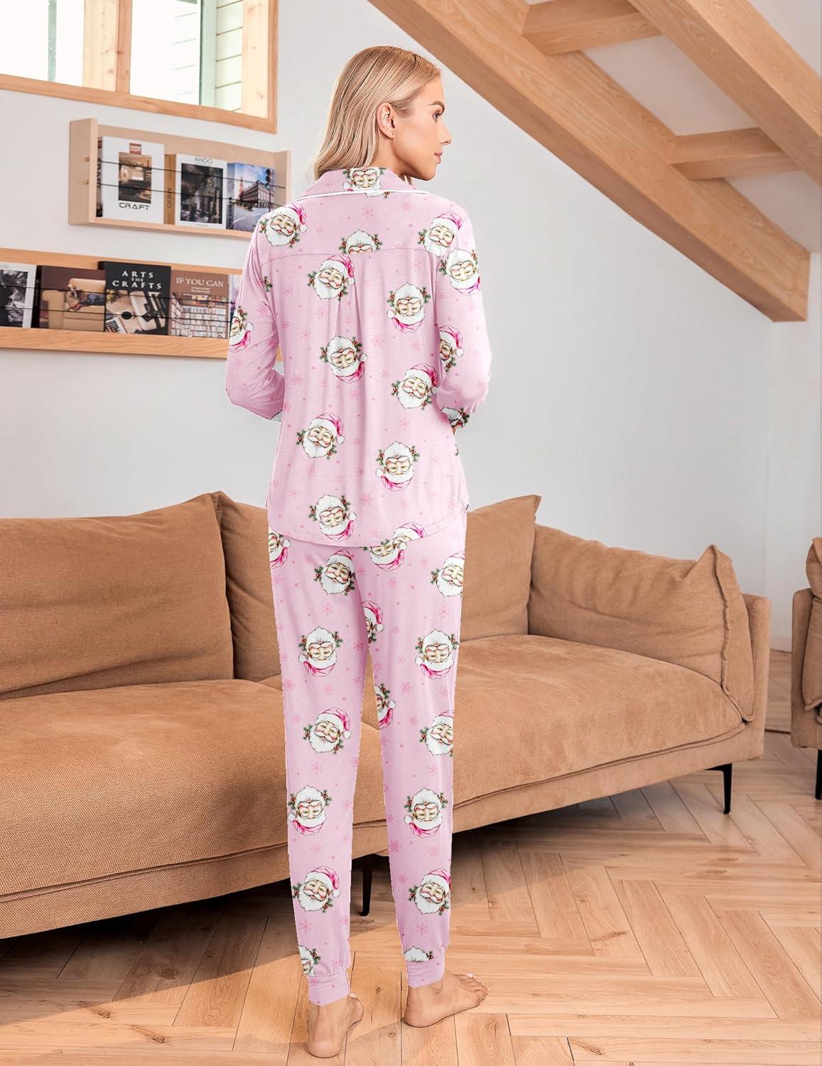 imageEkouaer Pajamas Set Long Sleeve Sleepwear Womens Button Down Nightwear Soft Pj Loungewear with PocketsPink Santa