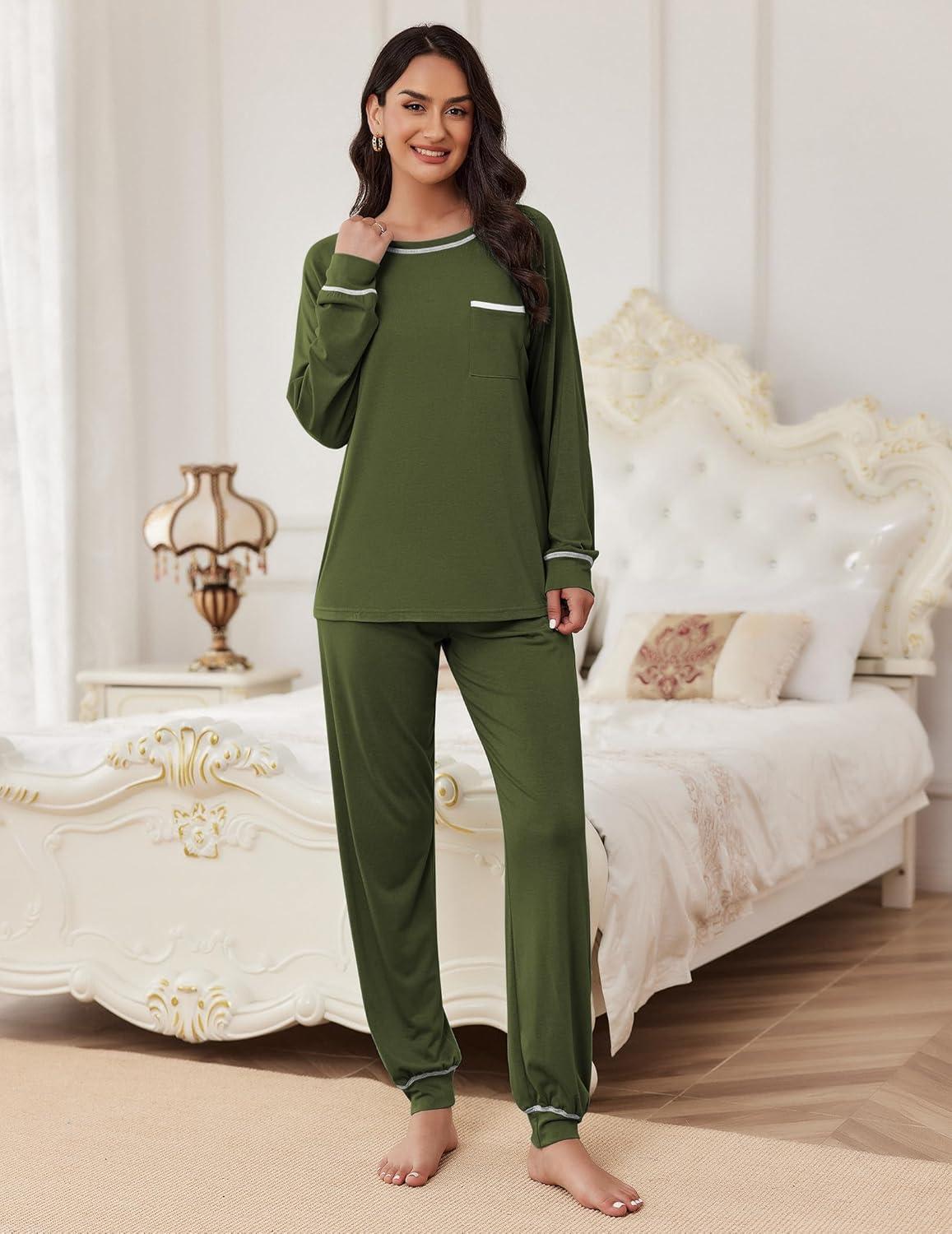 imageEkouaer Pajamas Set for Women Soft Comfy Pjs Sets Long Sleeve Sleepwear Loungewear SXXLArmy Green