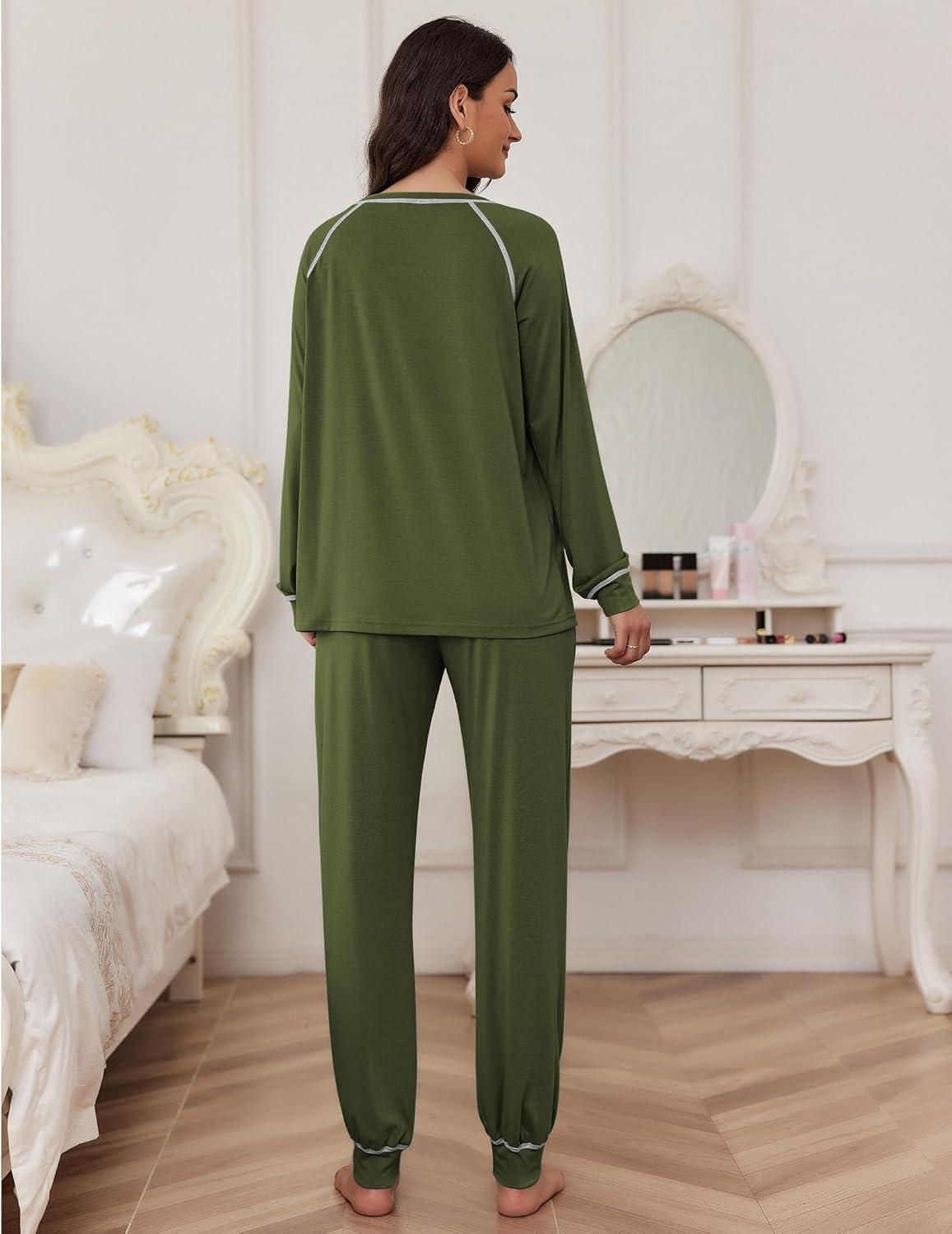 imageEkouaer Pajamas Set for Women Soft Comfy Pjs Sets Long Sleeve Sleepwear Loungewear SXXLArmy Green