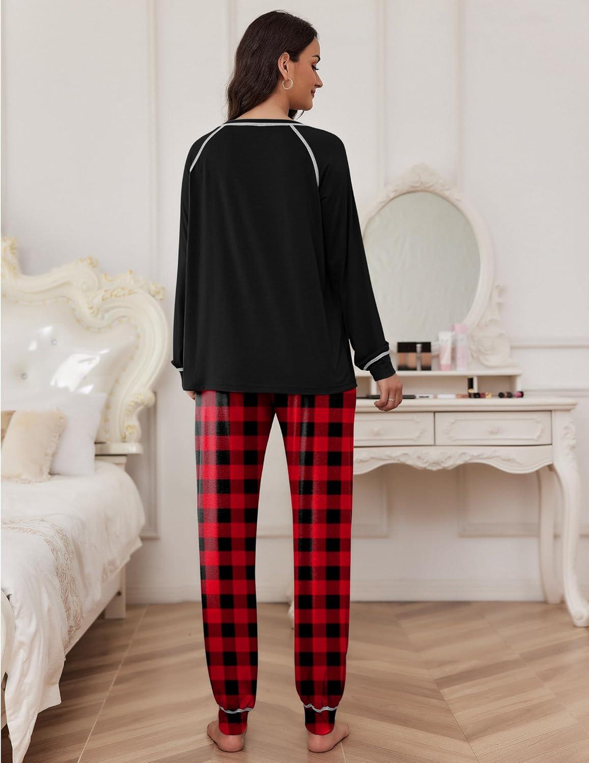 imageEkouaer Pajamas Set for Women Soft Comfy Pjs Sets Long Sleeve Sleepwear Loungewear SXXLBlack Plaid